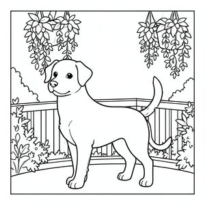 solo, single subject, one head, two eyes, two ears, four legs, one tail, natural proportions, proper scale in environment, anatomically correct, dog, Balcony, greenery, hanging plants, garden, small, simple, clean, background, view, peaceful, coloring page, line art, white background, solo, single subject, anatomically correct, perfect anatomy