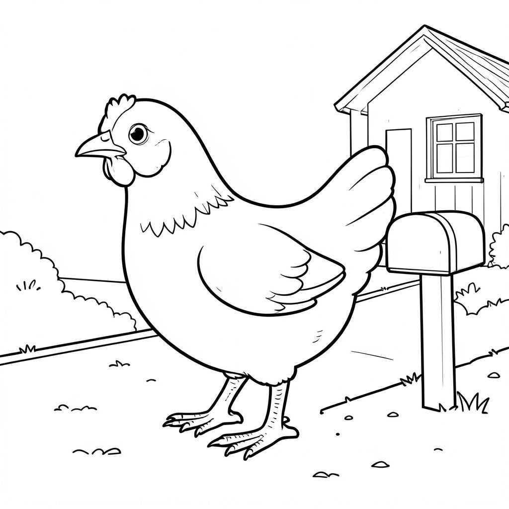 solo, single bird, one head, two eyes, one beak, two wings, two legs, one tail, natural proportions, proper scale in environment, anatomically correct, Chicken, Dirt, driveway, mailbox, small, simple, rural, private, clean, background, single, coloring page, line art, white background, solo, single subject, anatomically correct, perfect anatomy