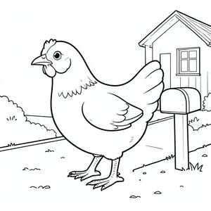 solo, single bird, one head, two eyes, one beak, two wings, two legs, one tail, natural proportions, proper scale in environment, anatomically correct, Chicken, Dirt, driveway, mailbox, small, simple, rural, private, clean, background, single, coloring page, line art, white background, solo, single subject, anatomically correct, perfect anatomy