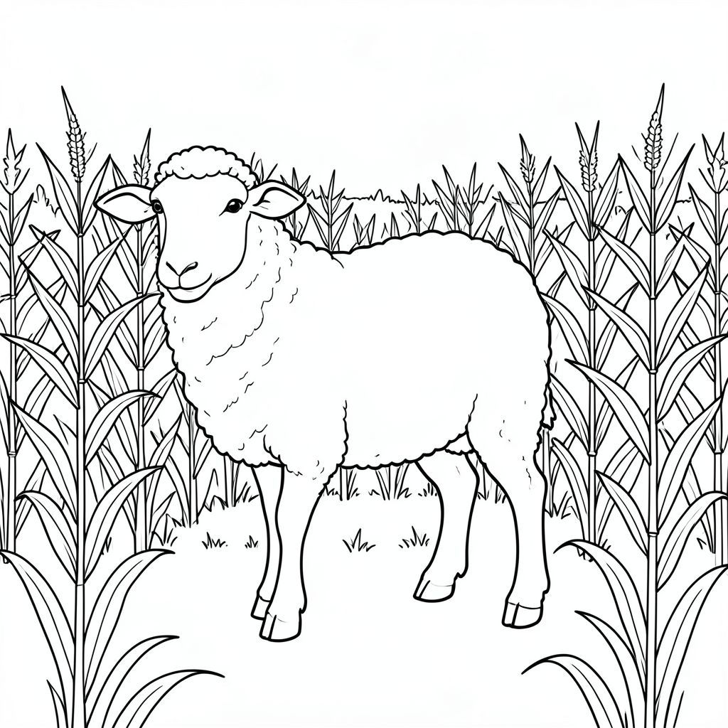 solo, single subject, one head, two eyes, two ears, four legs, one tail, natural proportions, proper scale in environment, anatomically correct, Sheep, Cornfield, stalks, summer, simple, clean, background, landscape, field, tall, horizontal, coloring page, line art, white background, solo, single subject, anatomically correct, perfect anatomy
