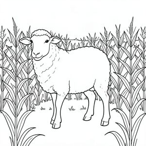 solo, single subject, one head, two eyes, two ears, four legs, one tail, natural proportions, proper scale in environment, anatomically correct, Sheep, Cornfield, stalks, summer, simple, clean, background, landscape, field, tall, horizontal, coloring page, line art, white background, solo, single subject, anatomically correct, perfect anatomy