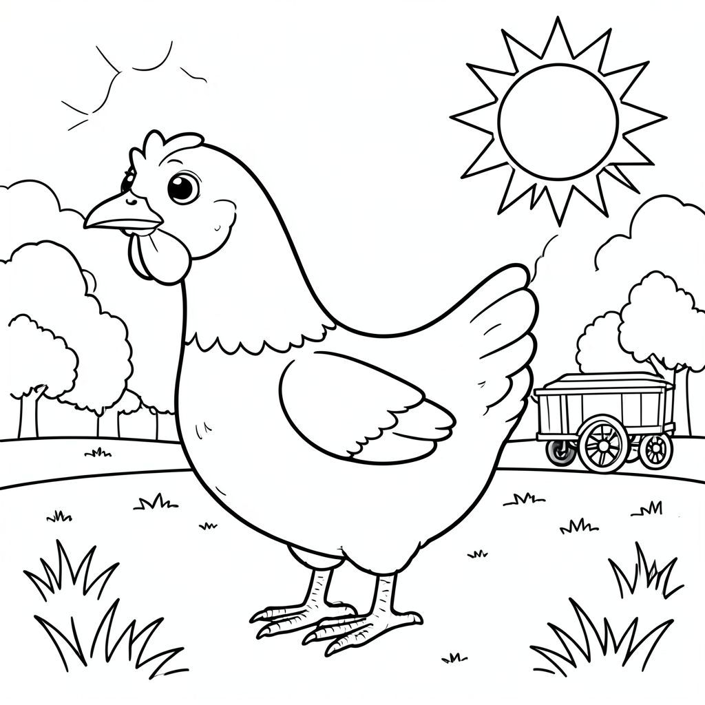 solo, single bird, one head, two eyes, one beak, two wings, two legs, one tail, natural proportions, proper scale in environment, anatomically correct, Chicken, sun, park, children, ice, cart, sunny, grassy, simple, background, clean, coloring page, line art, white background, solo, single subject, anatomically correct, perfect anatomy