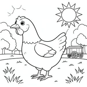 solo, single bird, one head, two eyes, one beak, two wings, two legs, one tail, natural proportions, proper scale in environment, anatomically correct, Chicken, sun, park, children, ice, cart, sunny, grassy, simple, background, clean, coloring page, line art, white background, solo, single subject, anatomically correct, perfect anatomy