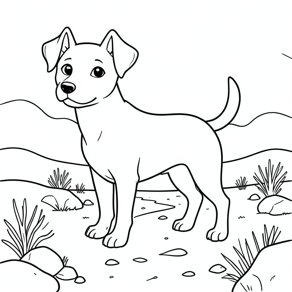 solo, chủ đề đơn, một đầu, hai mắt, hai tai, bốn chân, một đuôi, tỷ lệ tự nhiên, quy mô thích hợp trong môi trường, đúng giải phẫu, chó, Con đường đá, sa mạc, đá, bàn chải khô, đơn giản, dọn dẹp, phong cảnh, đường chân trời, ánh sáng mặt trời, nhỏ, trang màu, nghệ thuật đường, nền trắng, solo, chủ đề đơn, đúng về mặt giải phẫu, giải phẫu hoàn hảo