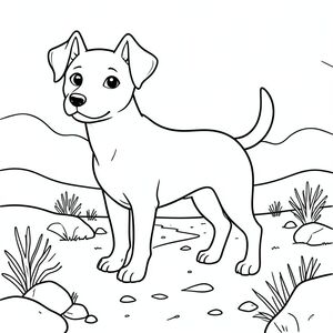 solo, chủ đề đơn, một đầu, hai mắt, hai tai, bốn chân, một đuôi, tỷ lệ tự nhiên, quy mô thích hợp trong môi trường, đúng giải phẫu, chó, Con đường đá, sa mạc, đá, bàn chải khô, đơn giản, dọn dẹp, phong cảnh, đường chân trời, ánh sáng mặt trời, nhỏ, trang màu, nghệ thuật đường, nền trắng, solo, chủ đề đơn, đúng về mặt giải phẫu, giải phẫu hoàn hảo