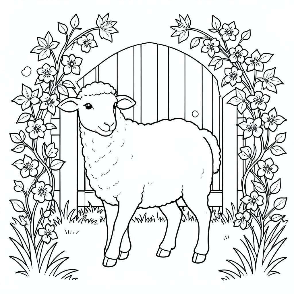 solo, chủ đề đơn, một đầu, hai mắt, hai tai, bốn chân, một đuôi, tỷ lệ tự nhiên, quy mô thích hợp trong môi trường, đúng giải phẫu, Cừu, vườn, cổng, leo núi, cây thông, dây leo, nở hoa, ánh sáng mặt trời, cỏ, đơn giản, tô màu, nghệ thuật đường, nền trắng, solo, chủ đề đơn, đúng về mặt giải phẫu, giải phẫu hoàn hảo