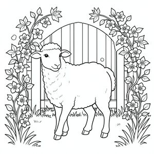 solo, chủ đề đơn, một đầu, hai mắt, hai tai, bốn chân, một đuôi, tỷ lệ tự nhiên, quy mô thích hợp trong môi trường, đúng giải phẫu, Cừu, vườn, cổng, leo núi, cây thông, dây leo, nở hoa, ánh sáng mặt trời, cỏ, đơn giản, tô màu, nghệ thuật đường, nền trắng, solo, chủ đề đơn, đúng về mặt giải phẫu, giải phẫu hoàn hảo