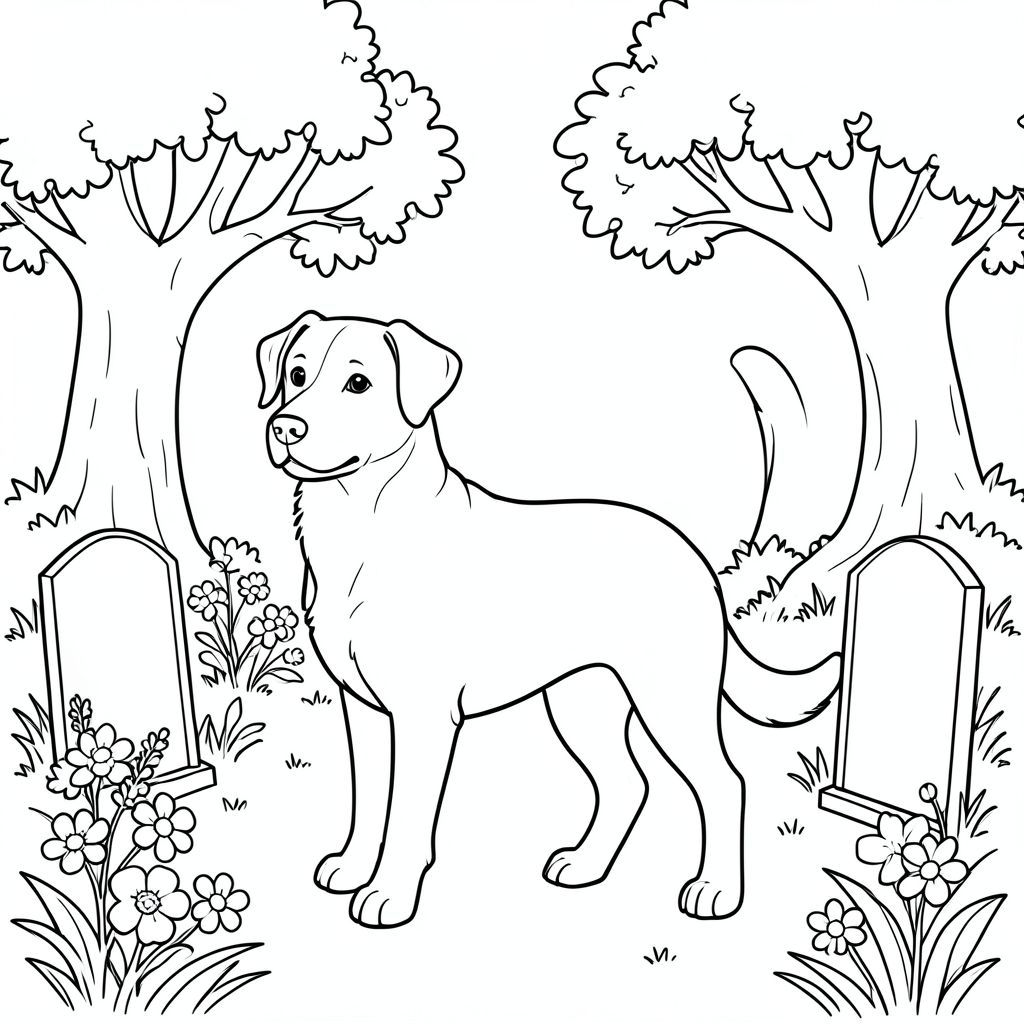 solo, chủ đề đơn, một đầu, hai mắt, hai tai, bốn chân, một đuôi, tỷ lệ tự nhiên, quy mô thích hợp trong môi trường, đúng giải phẫu,, Nghĩa trang, vườn, bia mộ, cây sồi, hoa, cỏ, nền đơn giản, sạch sẽ, thuần khiết, sách truyện, trang tô màu, nghệ thuật đường, nền trắng, solo, chủ đề đơn, đúng về mặt giải phẫu, giải phẫu hoàn hảo