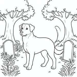 solo, chủ đề đơn, một đầu, hai mắt, hai tai, bốn chân, một đuôi, tỷ lệ tự nhiên, quy mô thích hợp trong môi trường, đúng giải phẫu,, Nghĩa trang, vườn, bia mộ, cây sồi, hoa, cỏ, nền đơn giản, sạch sẽ, thuần khiết, sách truyện, trang tô màu, nghệ thuật đường, nền trắng, solo, chủ đề đơn, đúng về mặt giải phẫu, giải phẫu hoàn hảo