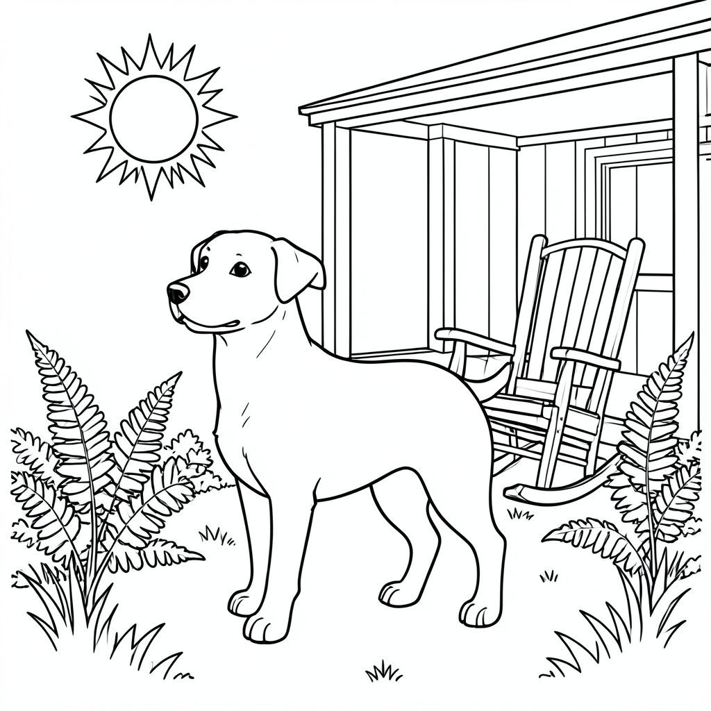 solo, chủ đề đơn, một đầu, hai mắt, hai tai, bốn chân, một đuôi, tỷ lệ tự nhiên, quy mô thích hợp trong môi trường, đúng giải phẫu,, mặt trời, hiên nhà, ghế bập bênh, dương xỉ, vườn, cỏ, đơn giản, sạch sẽ, lý lịch, ngoài trời, trang màu, nghệ thuật đường, nền trắng, solo, chủ đề đơn, đúng về mặt giải phẫu, giải phẫu hoàn hảo