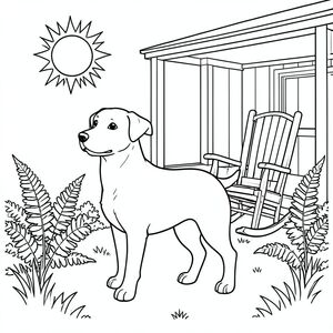 solo, chủ đề đơn, một đầu, hai mắt, hai tai, bốn chân, một đuôi, tỷ lệ tự nhiên, quy mô thích hợp trong môi trường, đúng giải phẫu,, mặt trời, hiên nhà, ghế bập bênh, dương xỉ, vườn, cỏ, đơn giản, sạch sẽ, lý lịch, ngoài trời, trang màu, nghệ thuật đường, nền trắng, solo, chủ đề đơn, đúng về mặt giải phẫu, giải phẫu hoàn hảo