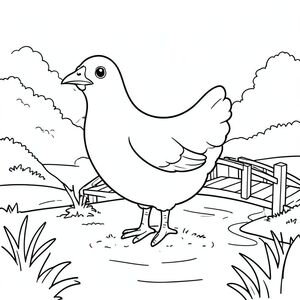 solo, một con chim, một đầu, hai mắt, một mỏ, hai cánh, hai chân, một đuôi, tỷ lệ tự nhiên, quy mô thích hợp trong môi trường, đúng về mặt giải phẫu, gà, Cầu gỗ, suối, Nước nông, nhỏ, đơn giản, sạch sẽ, lý lịch, phong cảnh, tự nhiên, Chảy, Trang màu, nghệ thuật đường, nền trắng, solo, chủ đề đơn, chính xác về mặt giải phẫu, giải phẫu hoàn hảo