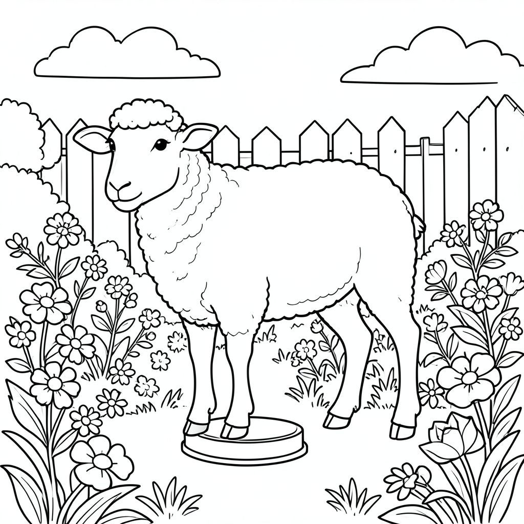 solo, chủ đề đơn, một đầu, hai mắt, hai tai, bốn chân, một đuôi, tỷ lệ tự nhiên, quy mô thích hợp trong môi trường, đúng giải phẫu, Cừu, vườn, sân sau, Bệ, hoa, Tươi tốt, Ánh sáng mặt trời, trong sáng, Bầu trời, đơn giản, lý lịch, trang màu, nghệ thuật đường, nền trắng, Solo, chủ đề đơn, Đúng về mặt giải phẫu, Giải phẫu hoàn hảo