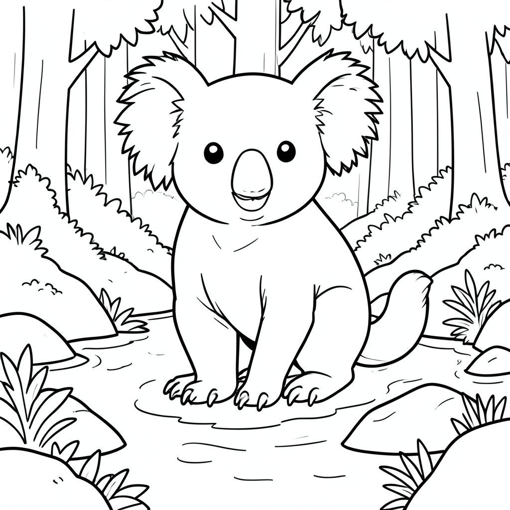 solo, chủ đề đơn, một đầu, hai mắt, hai tai, bốn chân, một đuôi, tỷ lệ tự nhiên, quy mô thích hợp trong môi trường, đúng giải phẫu, Koala, giường lạch, đá, Nước, nông, đơn giản, dọn dẹp, lý lịch, rừng, Tán lá, Rêu, Trang màu, nghệ thuật đường, nền trắng, Solo, chủ đề đơn, đúng về mặt giải phẫu, giải phẫu hoàn hảo