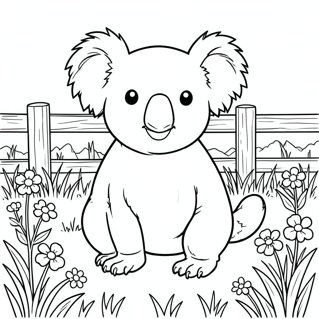 solo, chủ đề đơn, một đầu, hai mắt, hai tai, bốn chân, một đuôi, tỷ lệ tự nhiên, quy mô thích hợp trong môi trường, đúng giải phẫu, Koala, Đồng cỏ, nắng, cánh đồng, cỏ, hoa, hàng rào gỗ, nền đơn giản, dọn dẹp, không màu, nội thất trắng, trang màu, nghệ thuật đường, nền trắng, solo, chủ đề đơn, đúng về mặt giải phẫu, giải phẫu hoàn hảo