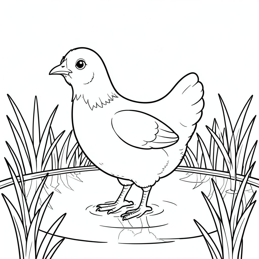 solo, một con chim, một đầu, hai mắt, một mỏ, hai cánh, hai chân, một đuôi, tỷ lệ tự nhiên, quy mô thích hợp trong môi trường, chính xác về mặt giải phẫu, gà, ao, nước, lau sậy, ánh sáng mặt trời, trong sáng, điềm tĩnh, mịn, phản chiếu, nhỏ, đơn giản, tô màu, nghệ thuật đường, nền trắng, solo, chủ đề đơn, chính xác về mặt giải phẫu, giải phẫu hoàn hảo