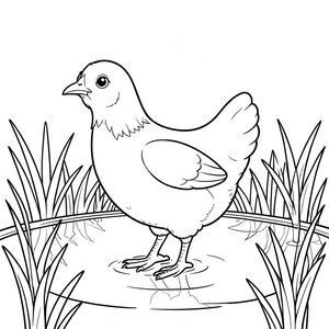 solo, một con chim, một đầu, hai mắt, một mỏ, hai cánh, hai chân, một đuôi, tỷ lệ tự nhiên, quy mô thích hợp trong môi trường, chính xác về mặt giải phẫu, gà, ao, nước, lau sậy, ánh sáng mặt trời, trong sáng, điềm tĩnh, mịn, phản chiếu, nhỏ, đơn giản, tô màu, nghệ thuật đường, nền trắng, solo, chủ đề đơn, chính xác về mặt giải phẫu, giải phẫu hoàn hảo