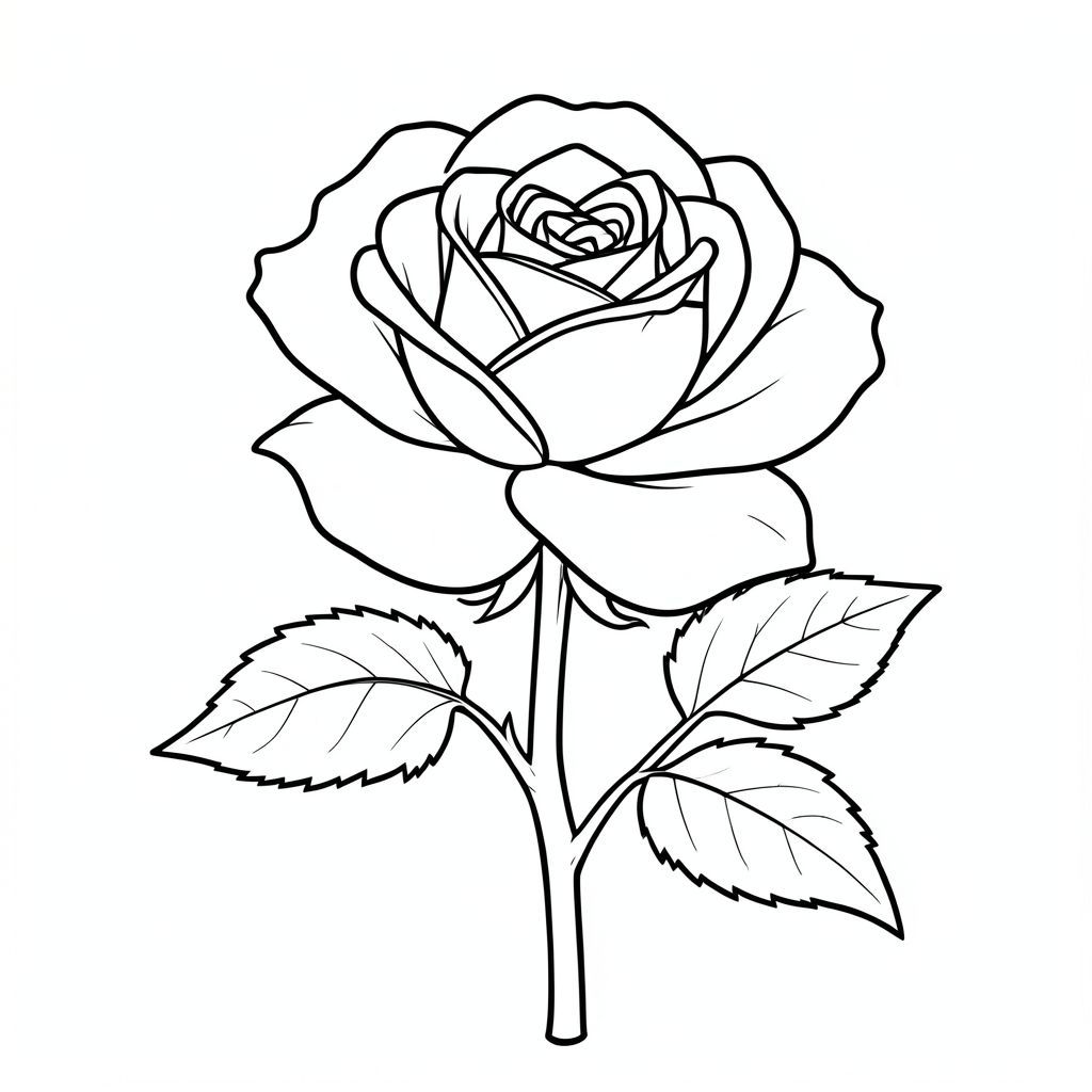 tranh tô màu nghệ thuật đường nét đen trắng cho người lớn, phong cách minh họa thực vật, một bông hồng đơn đẹp nở rộ với thân và lá, cánh hoa cực kỳ chi tiết, đường viền dày rõ ràng, từng cánh hoa được tách biệt rõ ràng, nền trắng, độ tương phản cao, không đổ bóng hoặc chuyển màu, các phần được xác định rõ ràng để tô màu, có thể in, được thiết kế cho người cao tuổi, không gian rộng, bố cục thanh lịch đơn giản,  chưa có văn bản, chưa có số, vẽ phác thảo thuần túy