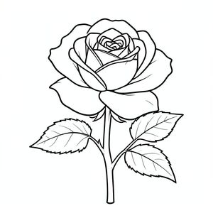 tranh tô màu nghệ thuật đường nét đen trắng cho người lớn, phong cách minh họa thực vật, một bông hồng đơn đẹp nở rộ với thân và lá, cánh hoa cực kỳ chi tiết, đường viền dày rõ ràng, từng cánh hoa được tách biệt rõ ràng, nền trắng, độ tương phản cao, không đổ bóng hoặc chuyển màu, các phần được xác định rõ ràng để tô màu, có thể in, được thiết kế cho người cao tuổi, không gian rộng, bố cục thanh lịch đơn giản,  chưa có văn bản, chưa có số, vẽ phác thảo thuần túy