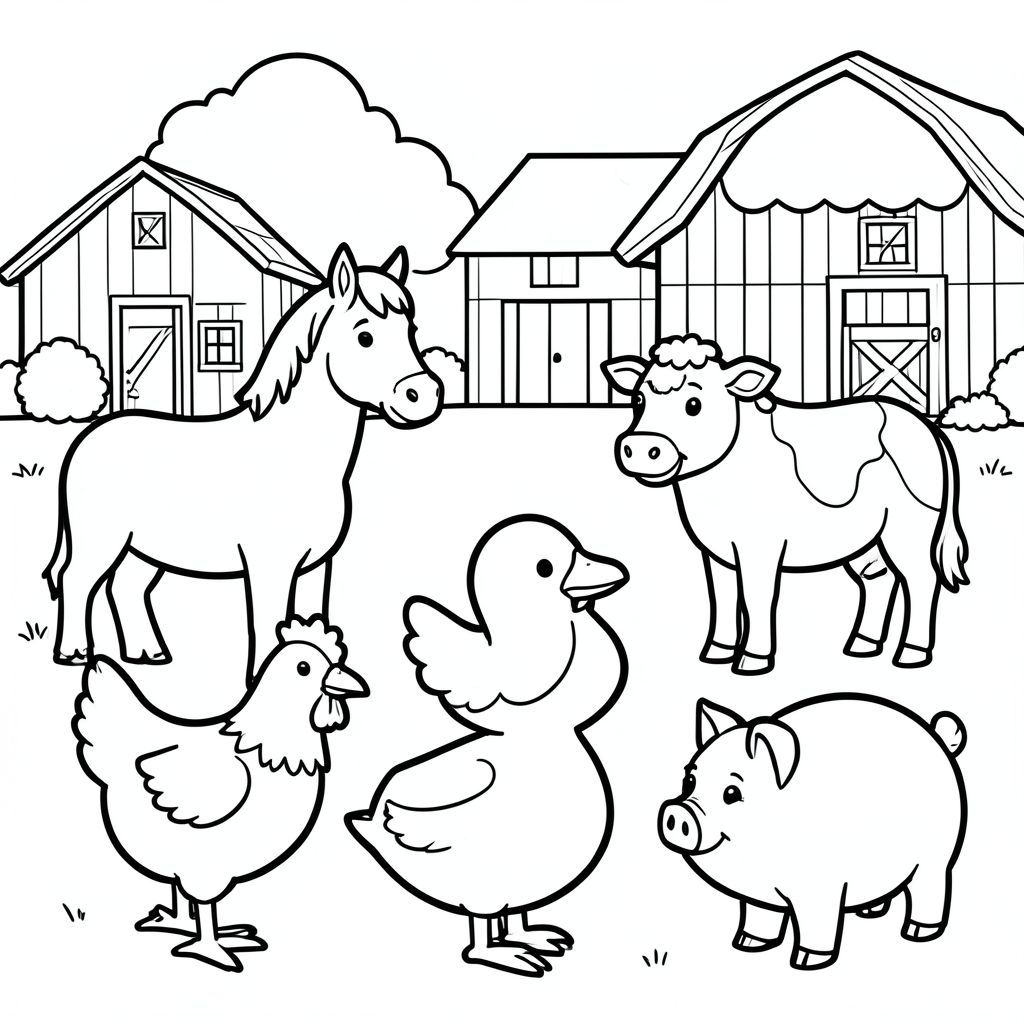 Tranh tô màu đen trắng cho trẻ em từ 3-5 tuổi, phong cách giáo dục rất đơn giản, đường viền đậm dày, không đổ bóng, không xám, có trang trại ở nền, căn giữa một con vịt, một con ngựa, một, một con gà mái, một con lợn, chi tiết tối thiểu, biểu hiện thân thiện, nền trắng sạch, kiểu vector, có thể in A4, trang sách tô màu trẻ em