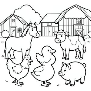 Tranh tô màu đen trắng cho trẻ em từ 3-5 tuổi, phong cách giáo dục rất đơn giản, đường viền đậm dày, không đổ bóng, không xám, có trang trại ở nền, căn giữa một con vịt, một con ngựa, một, một con gà mái, một con lợn, chi tiết tối thiểu, biểu hiện thân thiện, nền trắng sạch, kiểu vector, có thể in A4, trang sách tô màu trẻ em