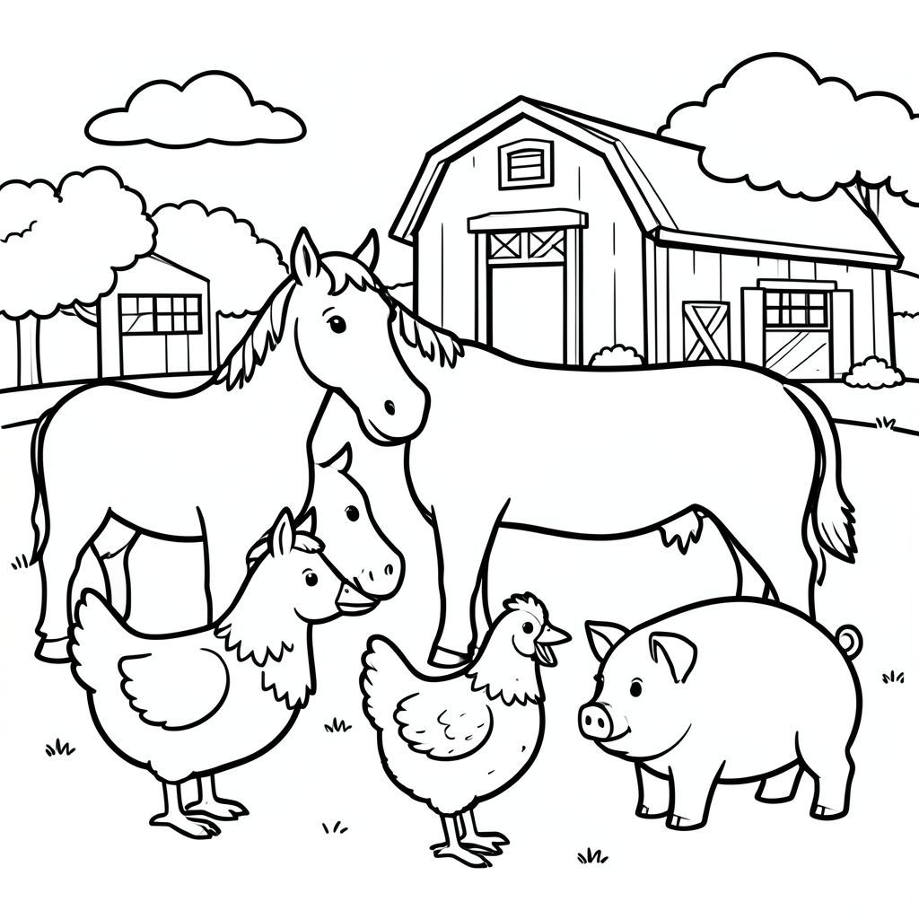 Tranh tô màu đen trắng cho trẻ em từ 3-5 tuổi, phong cách giáo dục rất đơn giản, đường viền đậm dày, không đổ bóng, không xám, có nền trang trại, tập trung giữa. Tôi muốn một con vịt, một con ngựa, một, một con gà mái và một con lợn, các chi tiết tối thiểu, biểu cảm thân thiện, nền trắng sạch, phong cách vector, A4 có thể in được, trang sách tô màu thiếu nhi