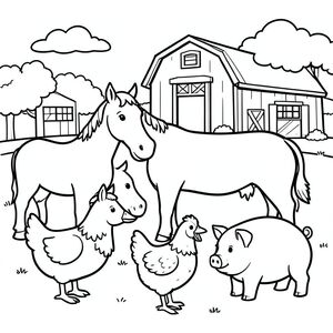 Tranh tô màu đen trắng cho trẻ em từ 3-5 tuổi, phong cách giáo dục rất đơn giản, đường viền đậm dày, không đổ bóng, không xám, có nền trang trại, tập trung giữa. Tôi muốn một con vịt, một con ngựa, một, một con gà mái và một con lợn, các chi tiết tối thiểu, biểu cảm thân thiện, nền trắng sạch, phong cách vector, A4 có thể in được, trang sách tô màu thiếu nhi