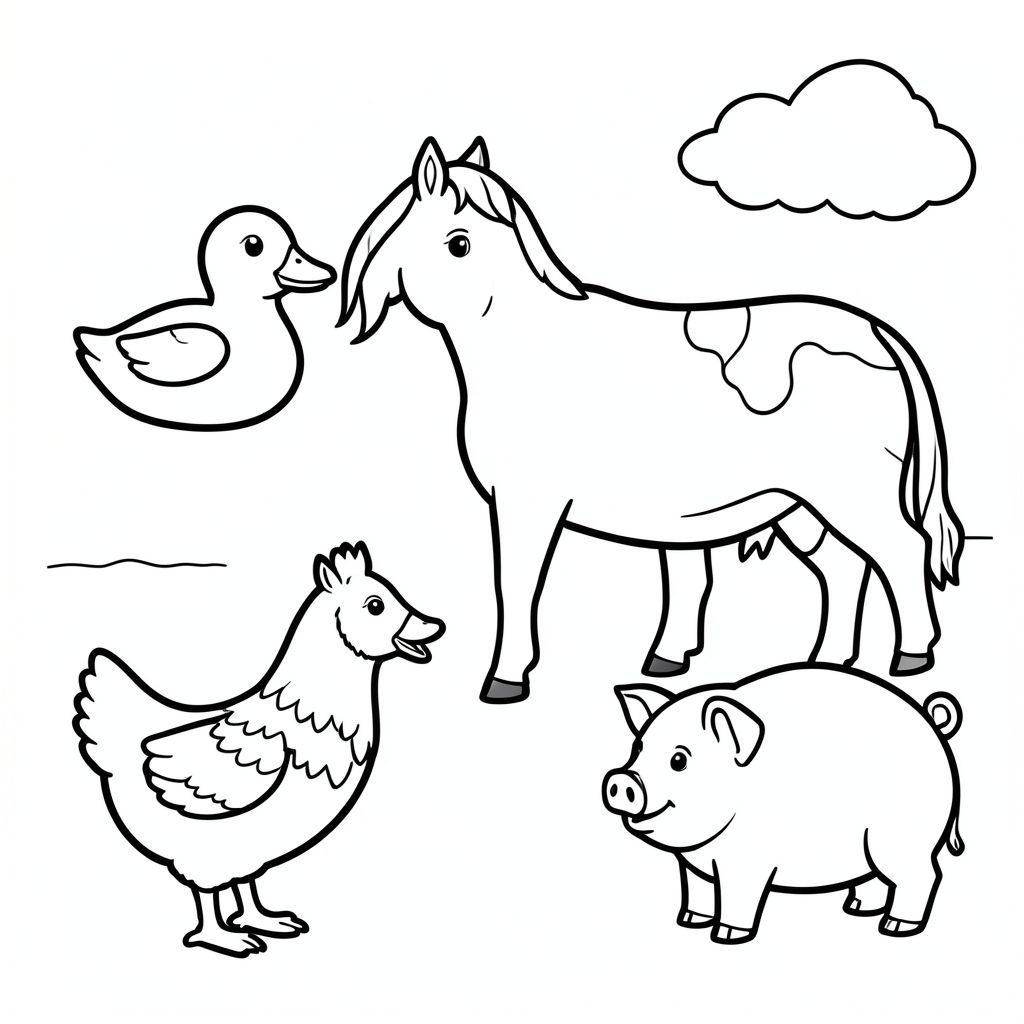 Tranh tô màu đen trắng cho trẻ em từ 3-5 tuổi, phong cách giáo dục rất đơn giản, đường viền đậm dày, không đổ bóng, không xám, vịt, ngựa, bò, gà mái và lợn, trong trang trại. chi tiết tối thiểu, biểu hiện thân thiện, nền trắng sạch, phong cách vector, A4 có thể in được, trang sách tô màu trẻ em