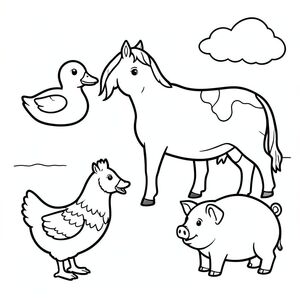 Tranh tô màu đen trắng cho trẻ em từ 3-5 tuổi, phong cách giáo dục rất đơn giản, đường viền đậm dày, không đổ bóng, không xám, vịt, ngựa, bò, gà mái và lợn, trong trang trại. chi tiết tối thiểu, biểu hiện thân thiện, nền trắng sạch, phong cách vector, A4 có thể in được, trang sách tô màu trẻ em
