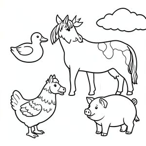 Black and white coloring page for kids ages 3-5, very simple educational style, thick bold outlines, no shading, no gray, a duck, a horse, a cow, a hen, and a pig, in a farm. minimal details, friendly expression, clean white background, vector style, printable A4, children’s coloring book page. Pay attention to each animal, they have to be perfectly draw