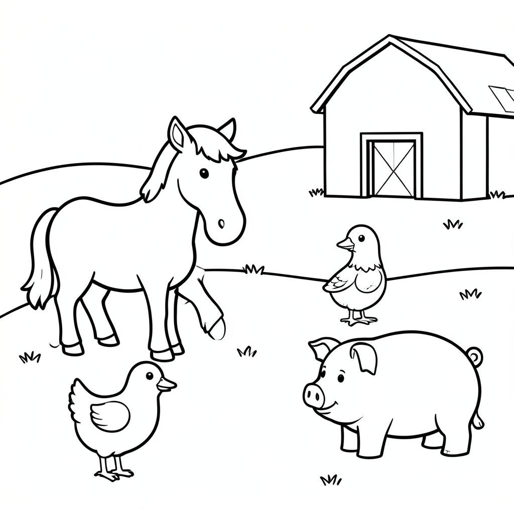 Tranh tô màu cho trẻ em từ 3–5 tuổi.
Cảnh nông trại đơn giản với một con ngựa, một, một con vịt, một con gà và một con lợn.
Những con vật dễ thương, hình dáng tròn trịa, tỷ lệ đơn giản.
Chỉ nghệ thuật đường nét đen trắng.
Đường viền màu đen sạch sẽ, nét đồng đều.
Không bóng, không xám, không gradient, không màu.
Phong cách tối giản, đường nét rất đơn giản, không gian mở rộng để tô màu.
Nền rất đơn giản (cỏ và một chuồng trại nhỏ cơ bản).
Minh họa vector sạch, phong cách sách tô màu mầm non.