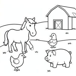 Coloring page for children aged 3–5.
Simple farm scene with a horse, a cow, a duck, a chicken, and a pig.
Cute animals, rounded shapes, simple proportions.
Black and white line art only.
Thick clean black outlines, uniform stroke.
No shading, no gray, no gradients, no color.
Minimalist style, very simple lines, large open spaces for coloring.
Very simple background (grass and a small basic barn).
Clean vector illustration, preschool coloring book style.