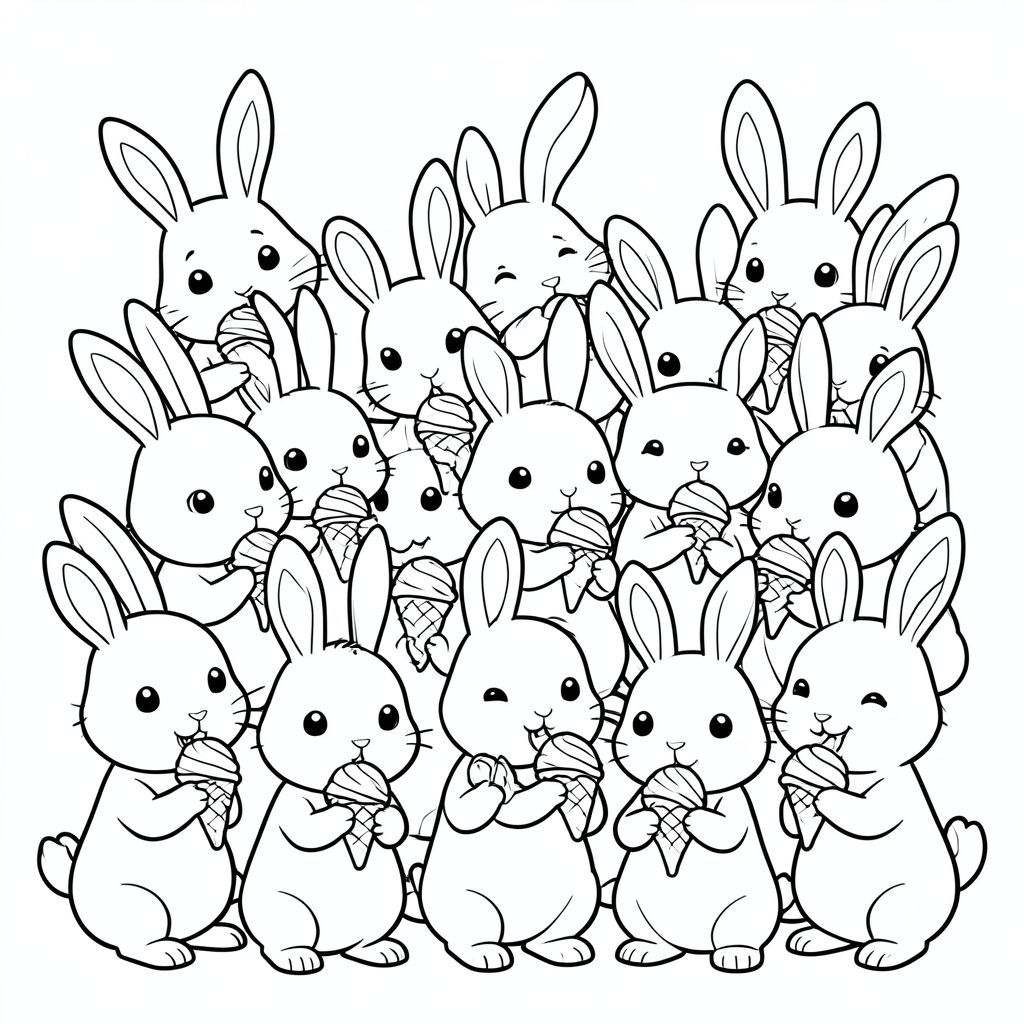 a crowd of cute bunnies eating ice cream