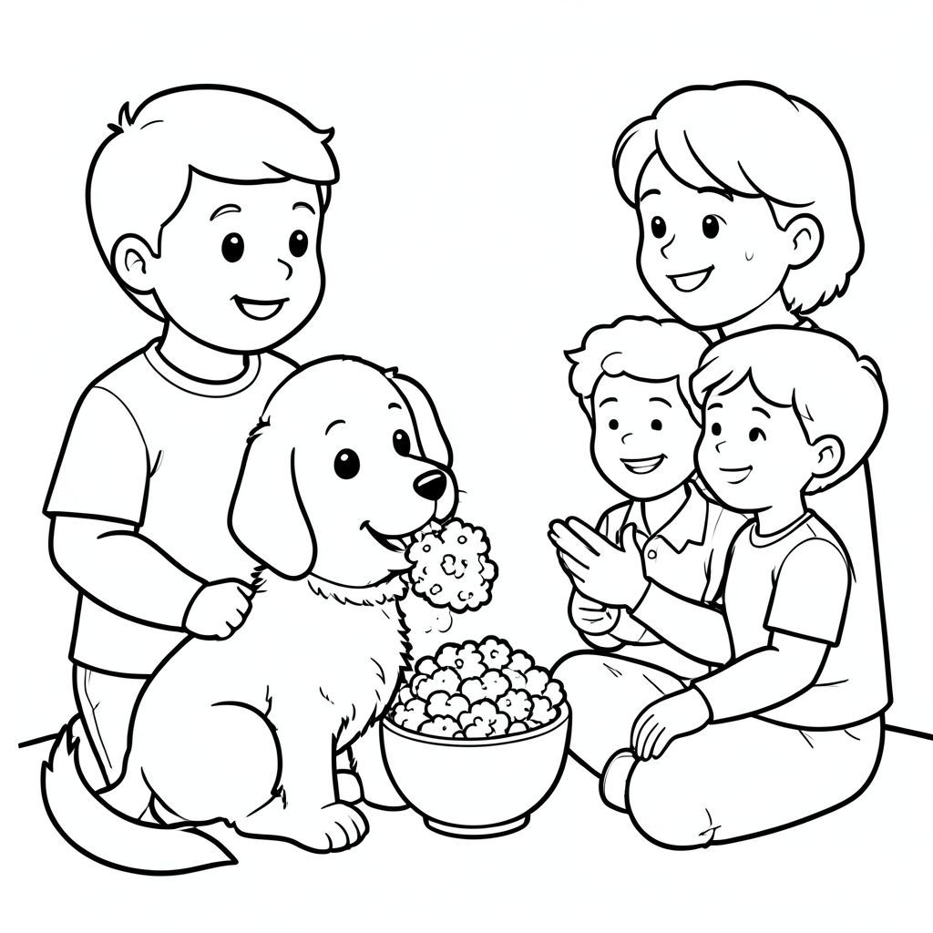 Cute dog eating popcorn watching humans 