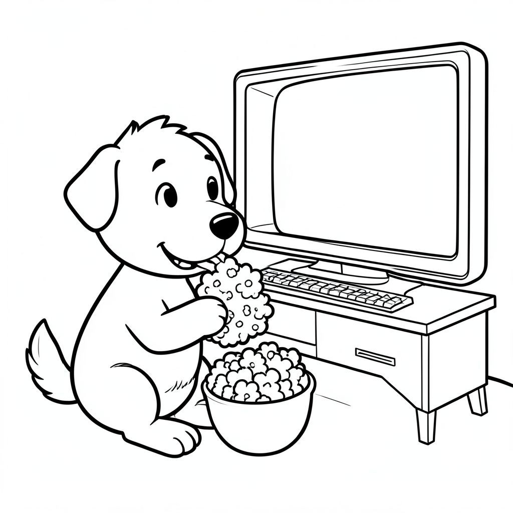 Funny dog eating popcorn watching a movie