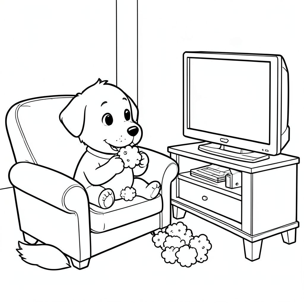 Dog eating popcorn one kernel at a time watching TV on a couch