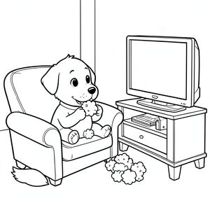 Dog eating popcorn one kernel at a time watching TV on a couch