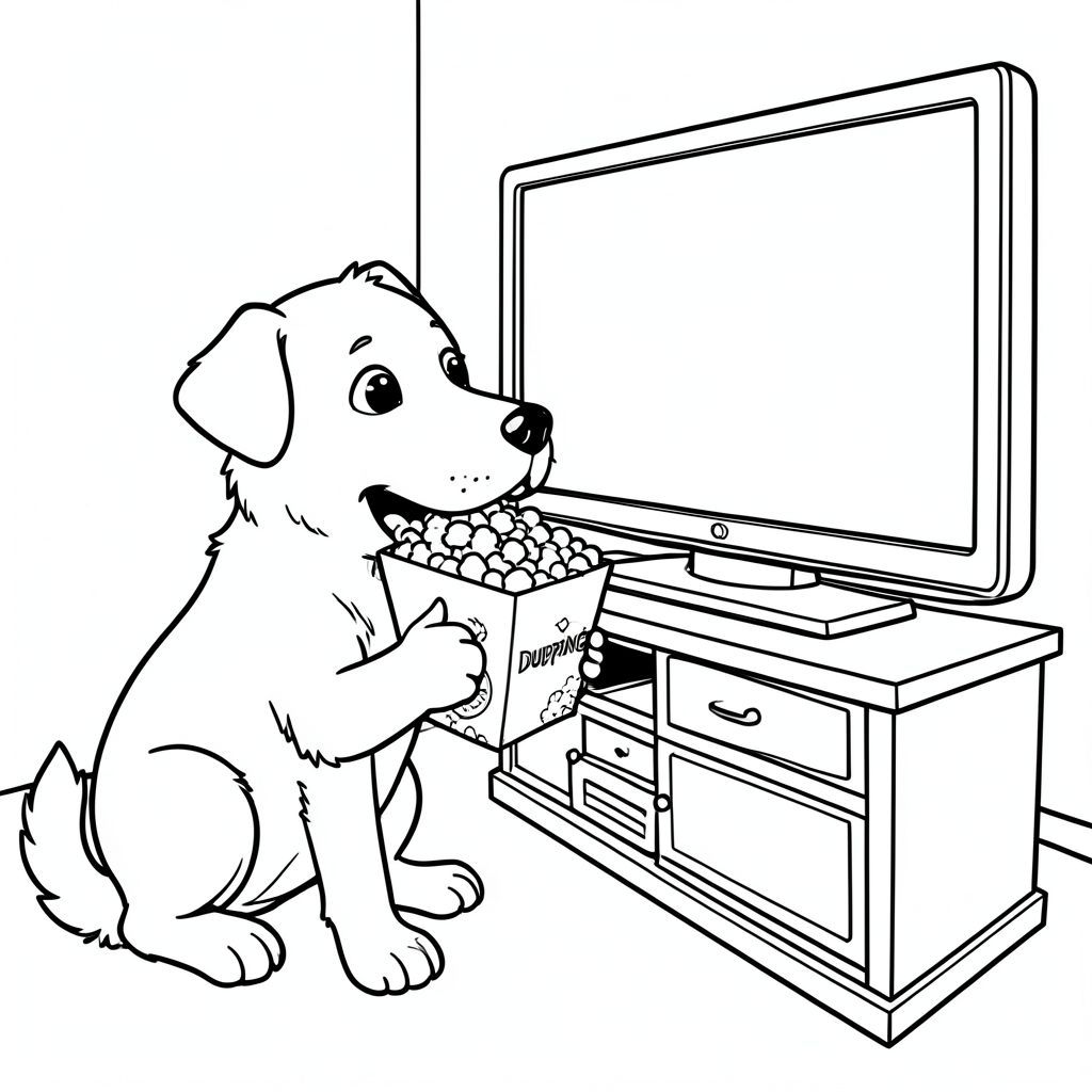 Dog dumping popcorn box in mouth while watching tv