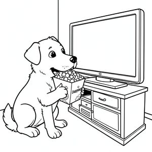 Dog dumping popcorn box in mouth while watching tv