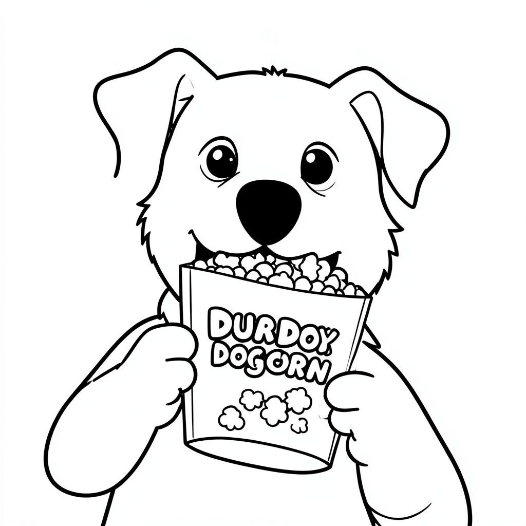 Dog dumping "dogcorn" labeled popcorn box in mouth at movie theater