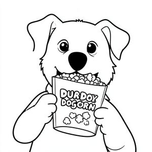 Dog dumping "dogcorn" labeled popcorn box in mouth at movie theater