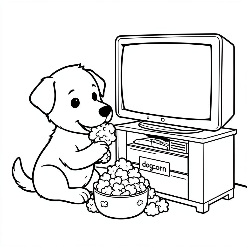 Dog eating popcorn watching TV. But box is labeled "dogcorn" only