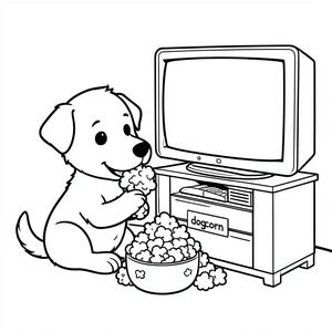 Dog eating popcorn watching TV. But box is labeled "dogcorn" only