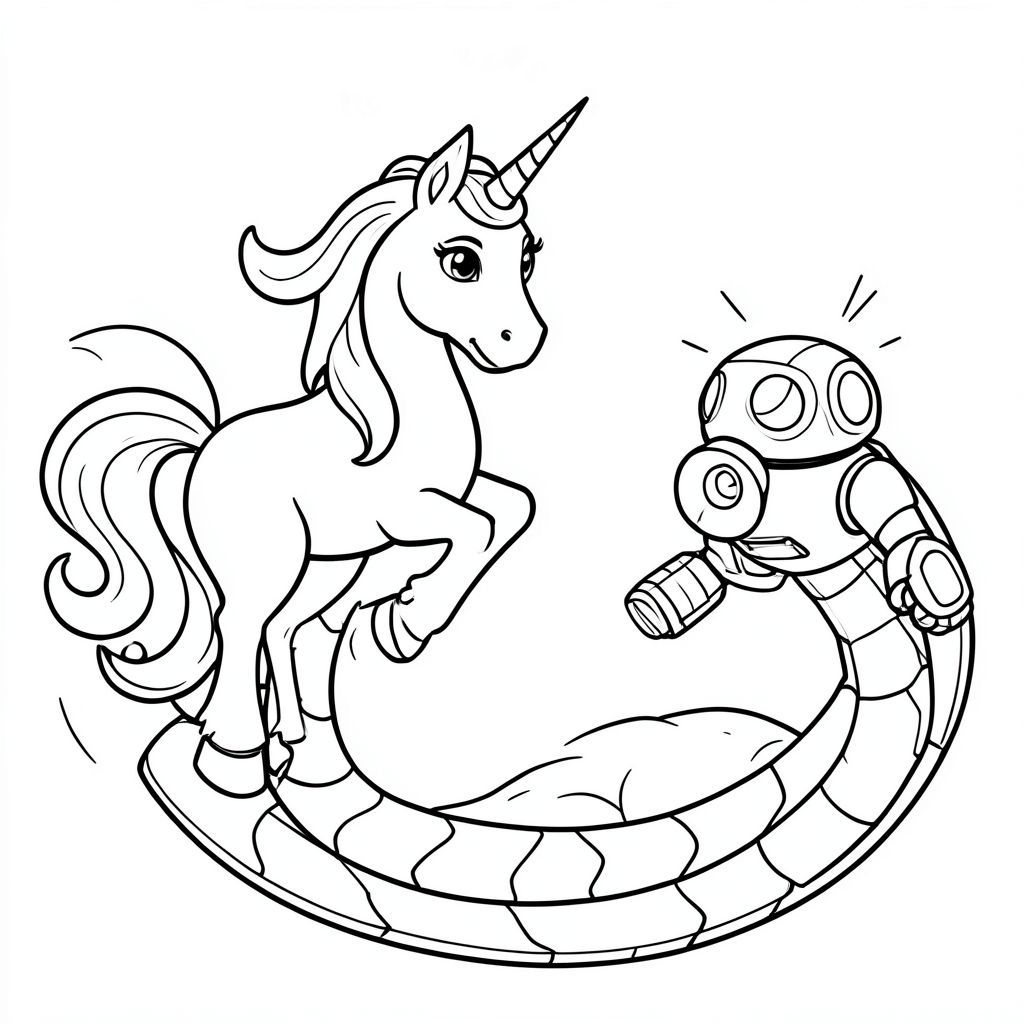 Princess unicorn using her spinning powers to spin a robot snake