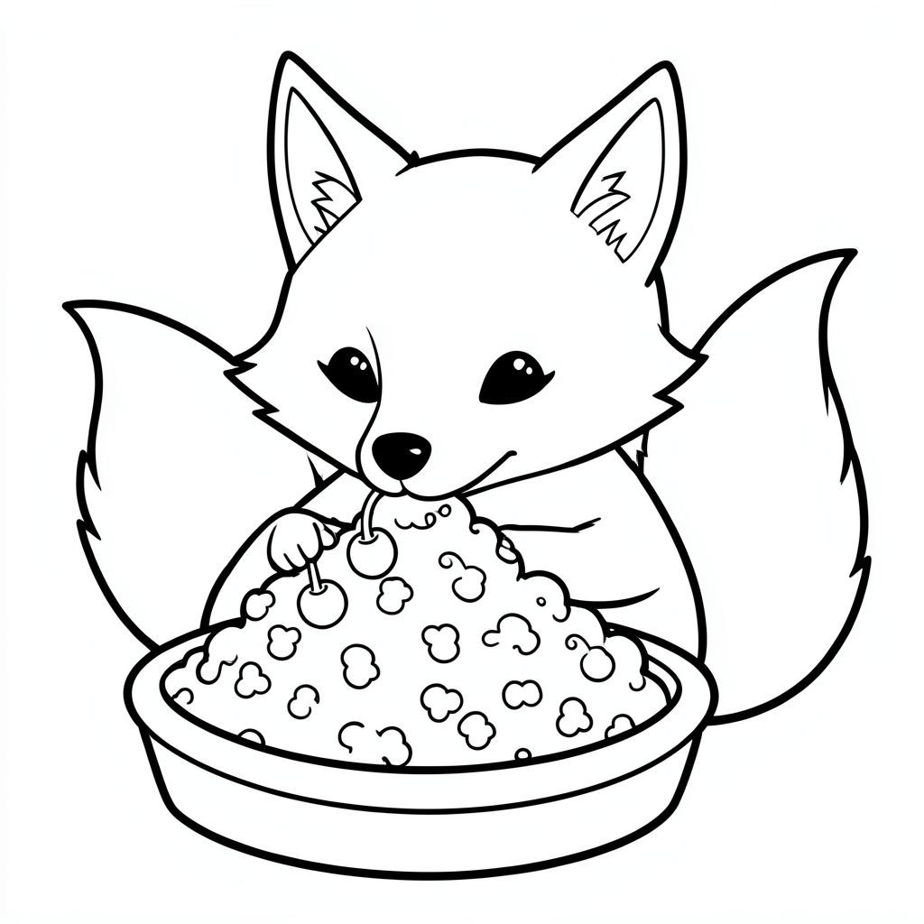 a fox eating mac and cheese with cherries