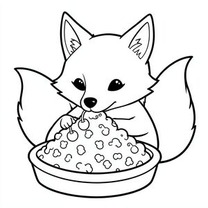 a fox eating mac and cheese with cherries