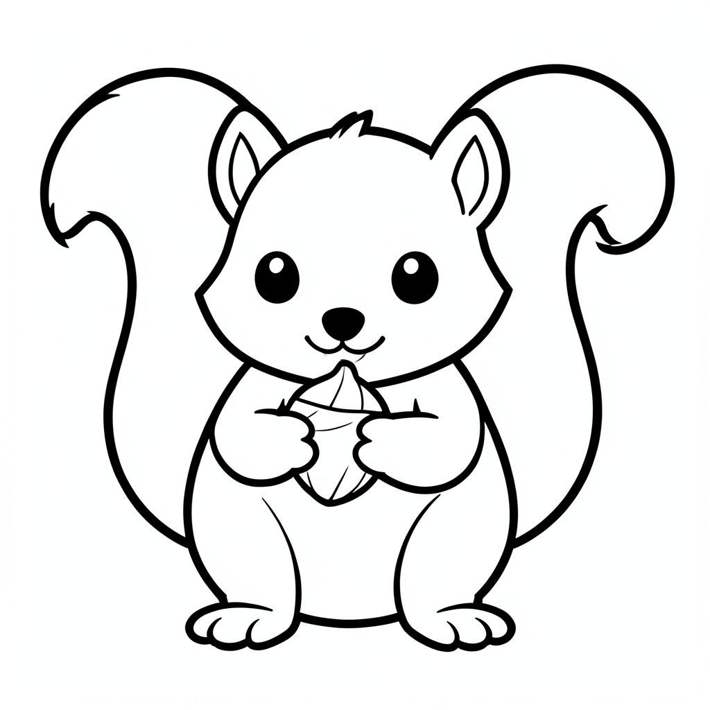 Sóc con dễ thương cầm một quả hạch, nghệ thuật đường nét đen trắng, đường viền dày rất đậm, không đổ bóng, không thang độ xám, chi tiết tối thiểu, ký tự lớn ở giữa, hình dạng đơn giản, nền trắng, trang sách tô màu cho trẻ mới biết đi 3-5 tuổi, 8.5x11, độ phân giải cao