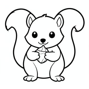 Sóc con dễ thương cầm một quả hạch, nghệ thuật đường nét đen trắng, đường viền dày rất đậm, không đổ bóng, không thang độ xám, chi tiết tối thiểu, ký tự lớn ở giữa, hình dạng đơn giản, nền trắng, trang sách tô màu cho trẻ mới biết đi 3-5 tuổi, 8.5x11, độ phân giải cao