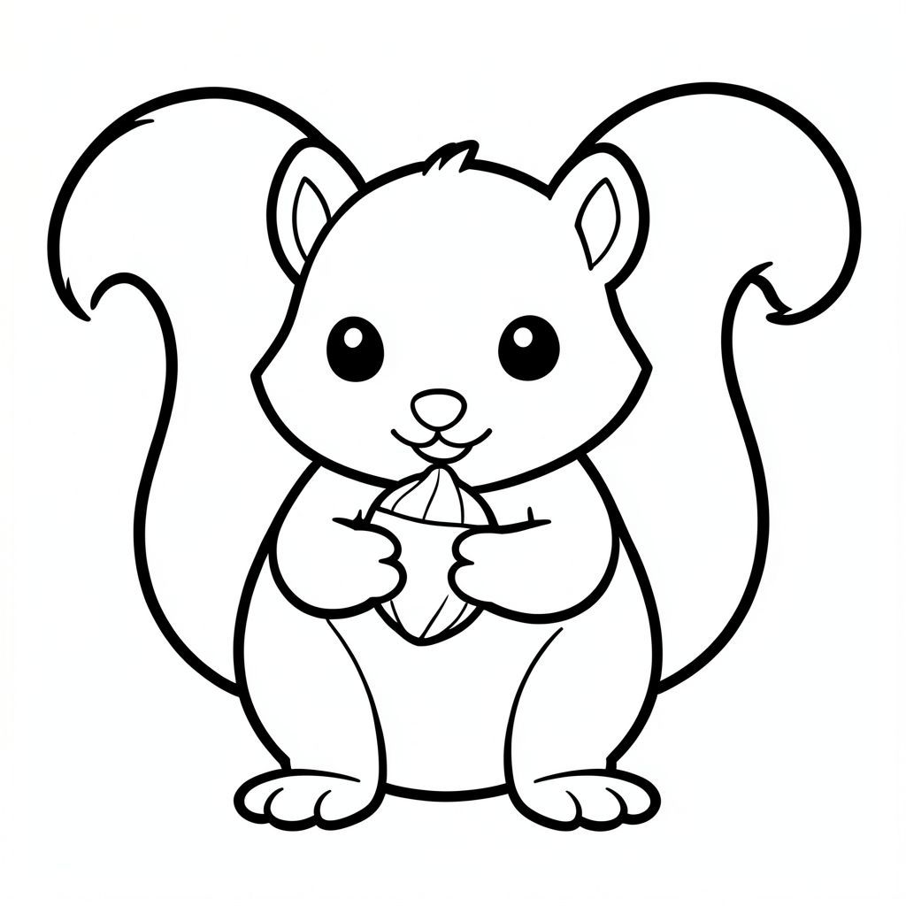 Sóc con dễ thương cầm một quả hạch, nghệ thuật đường nét đen trắng, đường viền dày rất đậm, không đổ bóng, không thang độ xám, chi tiết tối thiểu, ký tự lớn ở giữa, hình dạng đơn giản, nền trắng, trang sách tô màu cho trẻ mới biết đi 3-5 tuổi, 8.5x11, độ phân giải cao