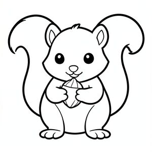 Sóc con dễ thương cầm một quả hạch, nghệ thuật đường nét đen trắng, đường viền dày rất đậm, không đổ bóng, không thang độ xám, chi tiết tối thiểu, ký tự lớn ở giữa, hình dạng đơn giản, nền trắng, trang sách tô màu cho trẻ mới biết đi 3-5 tuổi, 8.5x11, độ phân giải cao